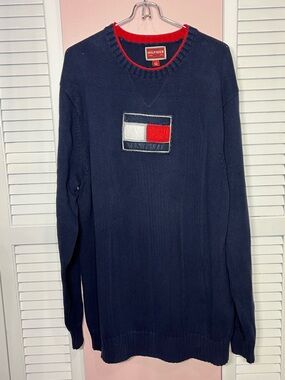 Tommy Hilfiger Navy Crewneck Sweater with Red & White Flag Detail